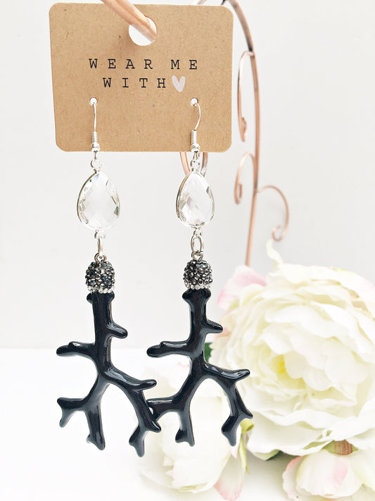 Elegant Black Coral Drop Earrings | XL Boho Crystal Jewelry | Silver-Plated Dangle Earrings for Summer