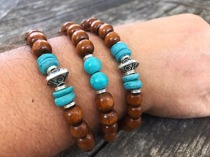 SASHA Men's Boho Turquoise Beaded Bracelet | Elastic Wood & Silver Wristband