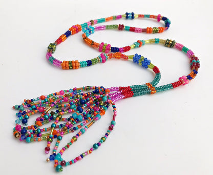 Colorful Boho Glass Bead Necklace with Gold Tassel | Handmade Ibiza Style Long Pendant Jewelry for Women