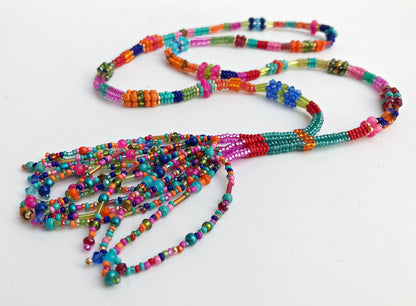 Colorful Boho Glass Bead Necklace with Gold Tassel | Handmade Ibiza Style Long Pendant Jewelry for Women