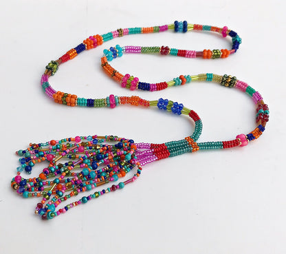 Colorful Boho Glass Bead Necklace with Gold Tassel | Handmade Ibiza Style Long Pendant Jewelry for Women