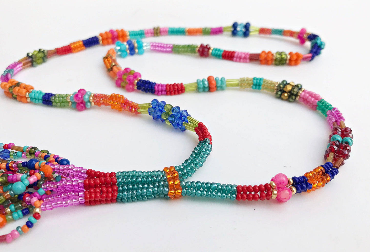 Colorful Boho Glass Bead Necklace with Gold Tassel | Handmade Ibiza Style Long Pendant Jewelry for Women