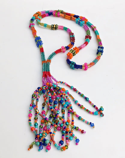 Colorful Boho Glass Bead Necklace with Gold Tassel | Handmade Ibiza Style Long Pendant Jewelry for Women