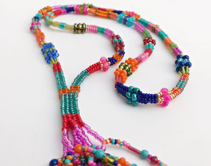 Colorful Boho Glass Bead Necklace with Gold Tassel | Handmade Ibiza Style Long Pendant Jewelry for Women