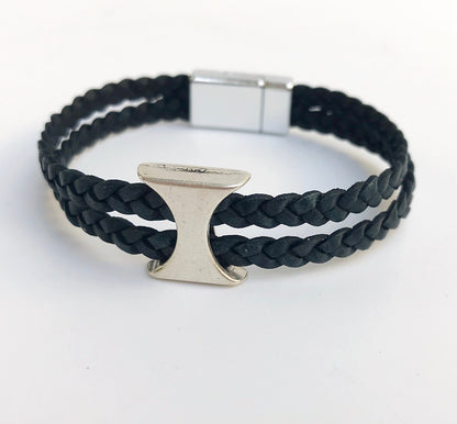 MICHAEL Braided Leather Bracelet | Men's Boho Style | Unisex Black Nappa Leather with Silver Ornament