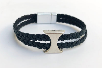 MICHAEL Braided Leather Bracelet | Men's Boho Style | Unisex Black Nappa Leather with Silver Ornament