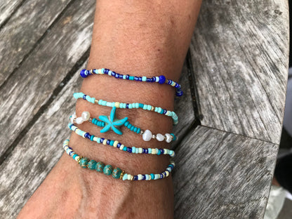 Ocean-Inspired Boho Bracelet Set | BLUE LAGOON | 5-Piece Pearl Beaded Jewelry for Women