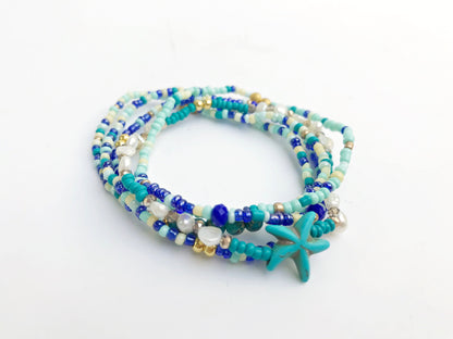 Ocean-Inspired Boho Bracelet Set | BLUE LAGOON | 5-Piece Pearl Beaded Jewelry for Women