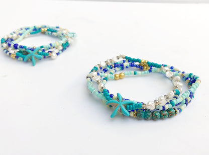 Ocean-Inspired Boho Bracelet Set | BLUE LAGOON | 5-Piece Pearl Beaded Jewelry for Women