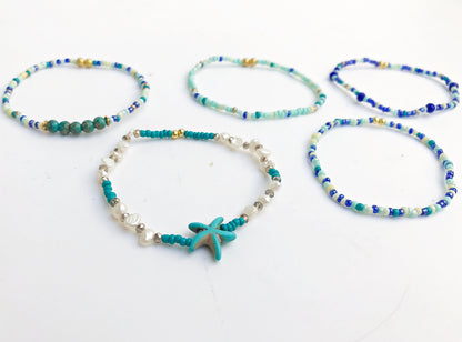 Ocean-Inspired Boho Bracelet Set | BLUE LAGOON | 5-Piece Pearl Beaded Jewelry for Women