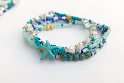 Ocean-Inspired Boho Bracelet Set | BLUE LAGOON | 5-Piece Pearl Beaded Jewelry for Women