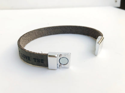 Men's Leather LIFE Bracelet | Boho Style Magnetic Clasp | Silver Tone