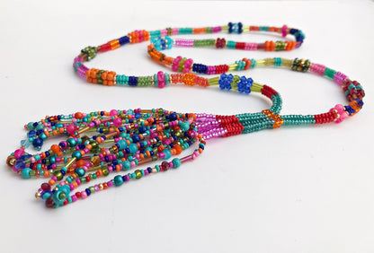 Colorful Boho Glass Bead Necklace with Gold Tassel | Handmade Ibiza Style Long Pendant Jewelry for Women