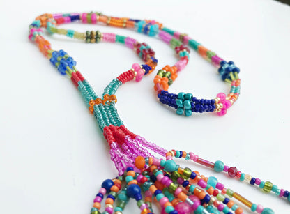 Colorful Boho Glass Bead Necklace with Gold Tassel | Handmade Ibiza Style Long Pendant Jewelry for Women