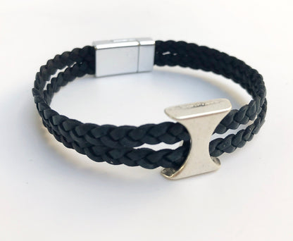 MICHAEL Braided Leather Bracelet | Men's Boho Style | Unisex Black Nappa Leather with Silver Ornament