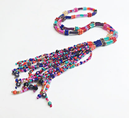 Colorful Boho Glass Bead Necklace with Tassel | Handmade Ibiza-Style Gold Pendant Chain for Women