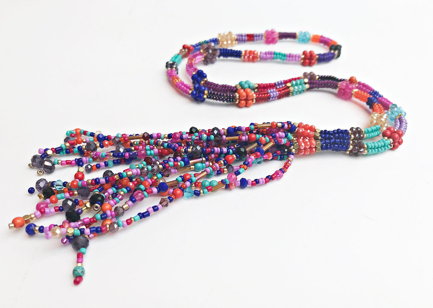 Colorful Boho Glass Bead Necklace with Tassel | Handmade Ibiza-Style Gold Pendant Chain for Women