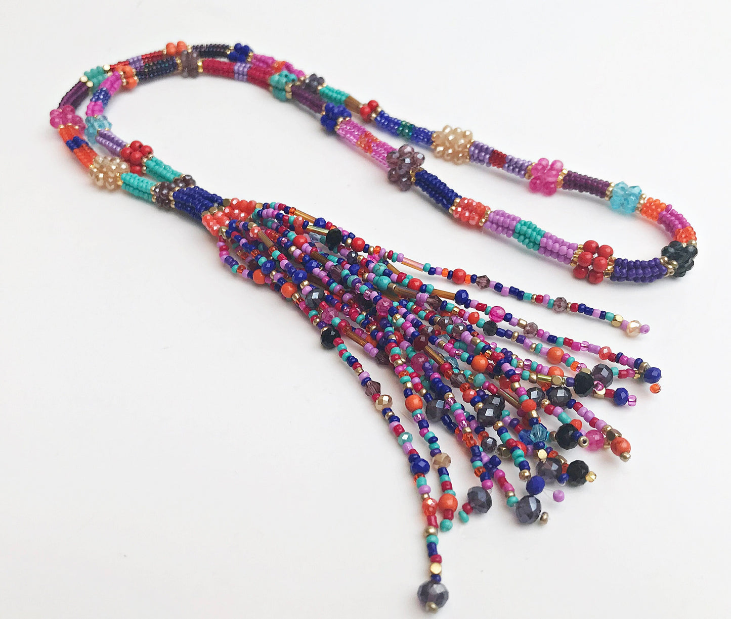 Colorful Boho Glass Bead Necklace with Tassel | Handmade Ibiza-Style Gold Pendant Chain for Women