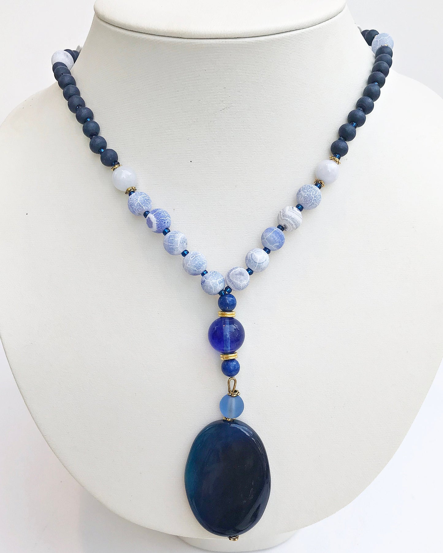 Shania Blue Gold Bohemian Beaded Necklace | Handcrafted Gemstone Pendant | Ibiza Inspired Jewelry