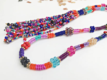 Colorful Boho Glass Bead Necklace with Tassel | Handmade Ibiza-Style Gold Pendant Chain for Women