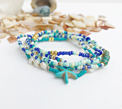 Ocean-Inspired Boho Bracelet Set | BLUE LAGOON | 5-Piece Pearl Beaded Jewelry for Women