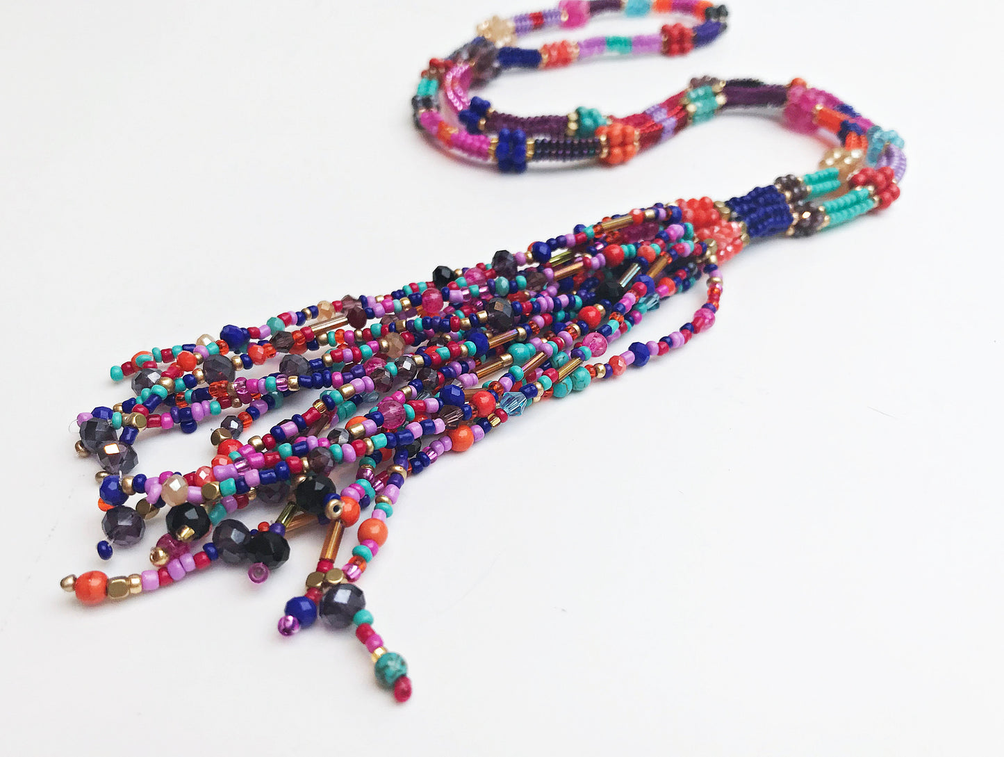 Colorful Boho Glass Bead Necklace with Tassel | Handmade Ibiza-Style Gold Pendant Chain for Women