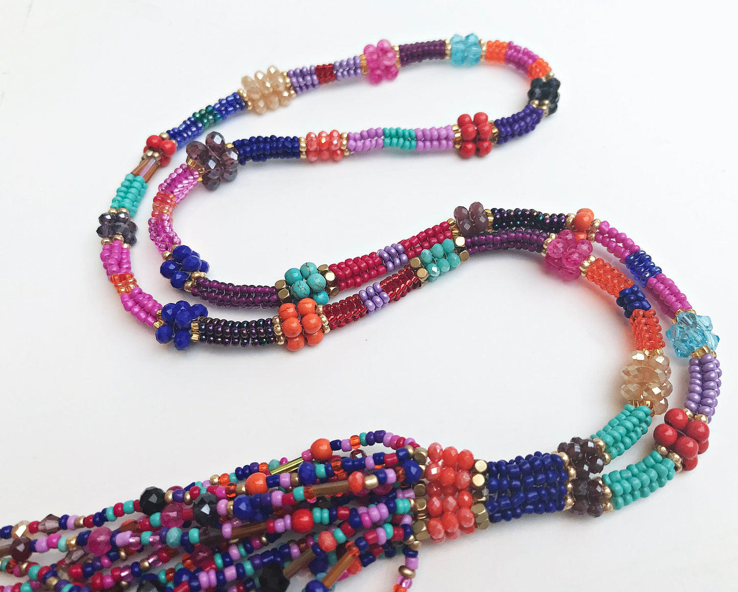 Colorful Boho Glass Bead Necklace with Tassel | Handmade Ibiza-Style Gold Pendant Chain for Women