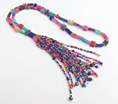 Colorful Boho Glass Bead Necklace with Tassel | Handmade Ibiza-Style Gold Pendant Chain for Women