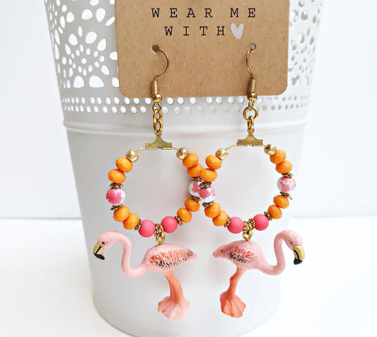 Golden Flamingo Boho Earrings | Ibiza Style Beaded Dangle Jewelry | Handcrafted Summer Accessories