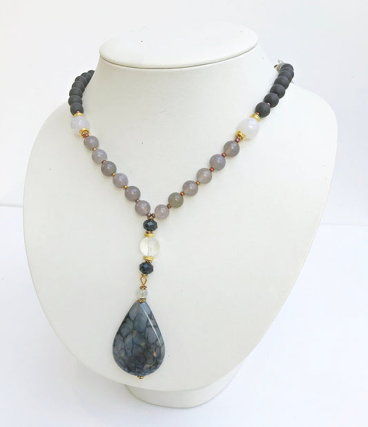 Long Boho Necklace with Agate Pendant | Grey and Gold Beaded Statement Jewelry | Handcrafted Ibiza-Style Women's Accessory