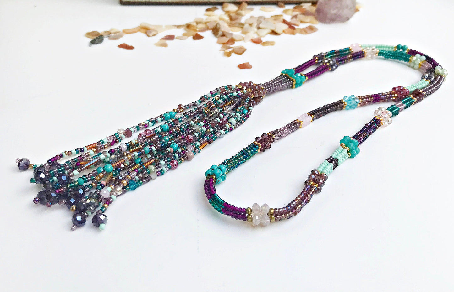 Colorful Boho Tassel Necklace | Gold Glass Bead Ibiza-Style Long Pendant Jewelry for Women