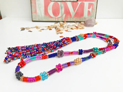 Colorful Boho Glass Bead Necklace with Tassel | Handmade Ibiza-Style Gold Pendant Chain for Women