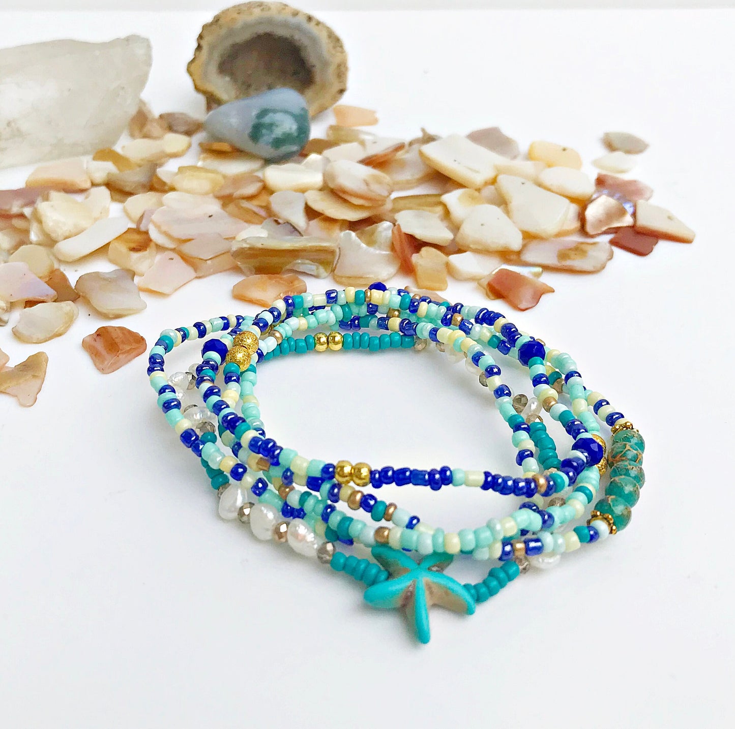 Ocean-Inspired Boho Bracelet Set | BLUE LAGOON | 5-Piece Pearl Beaded Jewelry for Women