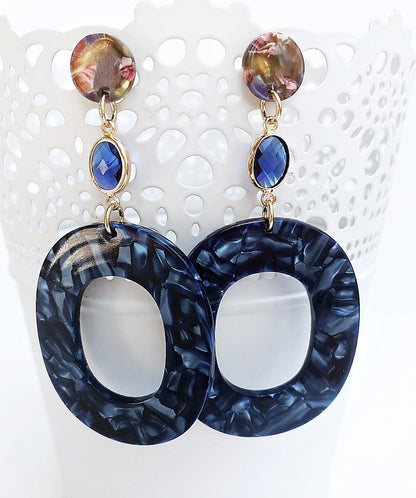 Elegant Blue Boho Dangle Earrings | Crystal & Resin | Gold-Plated | Handmade Bohemian Jewelry