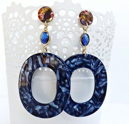 Elegant Blue Boho Dangle Earrings | Crystal & Resin | Gold-Plated | Handmade Bohemian Jewelry