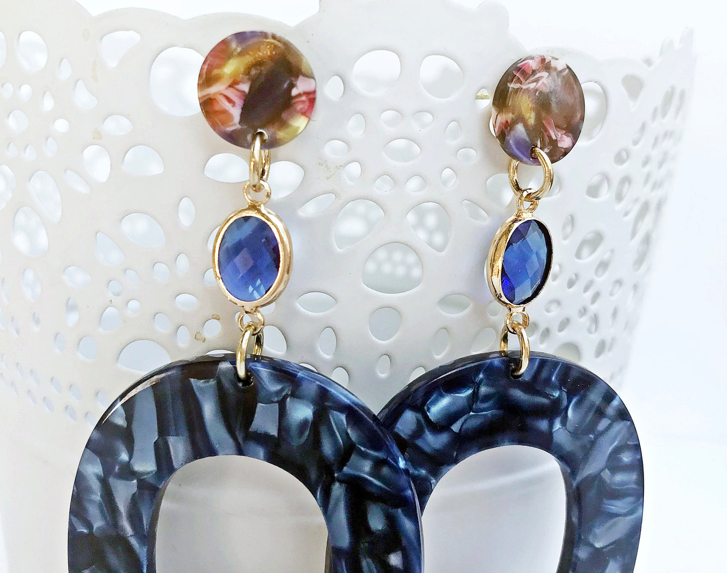 Elegant Blue Boho Dangle Earrings | Crystal & Resin | Gold-Plated | Handmade Bohemian Jewelry