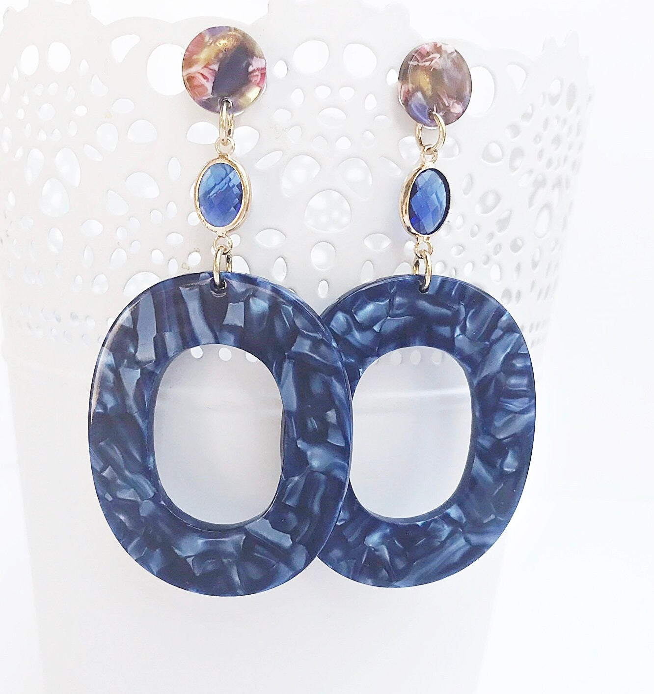 Elegant Blue Boho Dangle Earrings | Crystal & Resin | Gold-Plated | Handmade Bohemian Jewelry