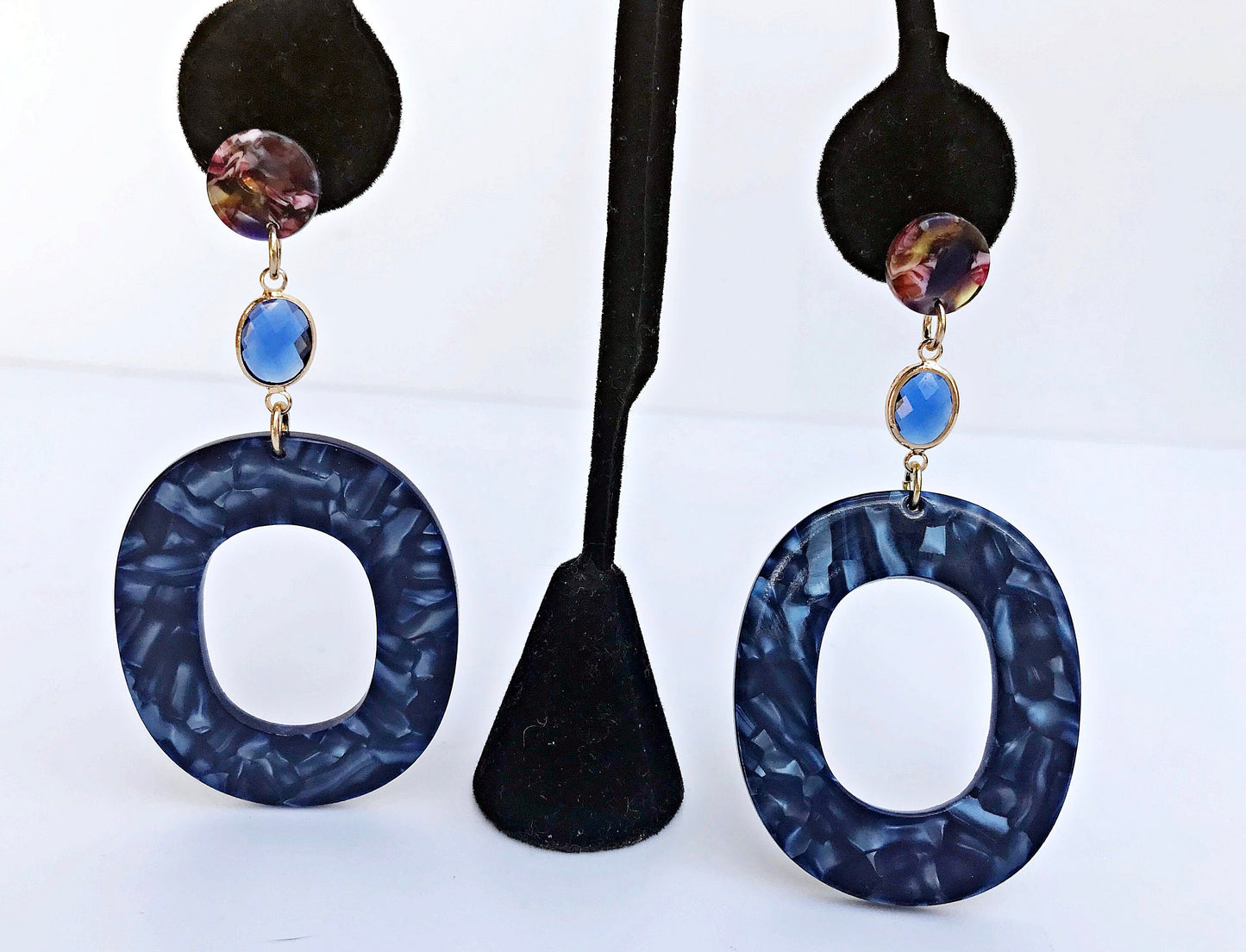 Elegant Blue Boho Dangle Earrings | Crystal & Resin | Gold-Plated | Handmade Bohemian Jewelry