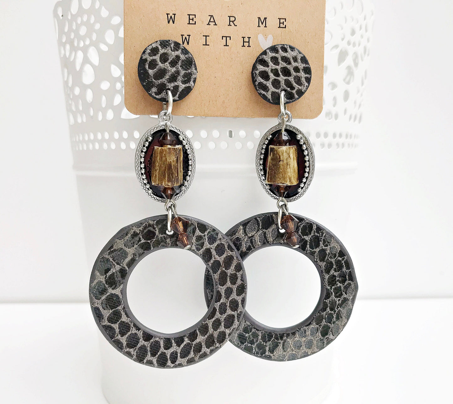 Boho Statement Earrings - Silver & Horn Dangle - Faux Leather Reptile Look - Crystal Embellished - Grey & Brown