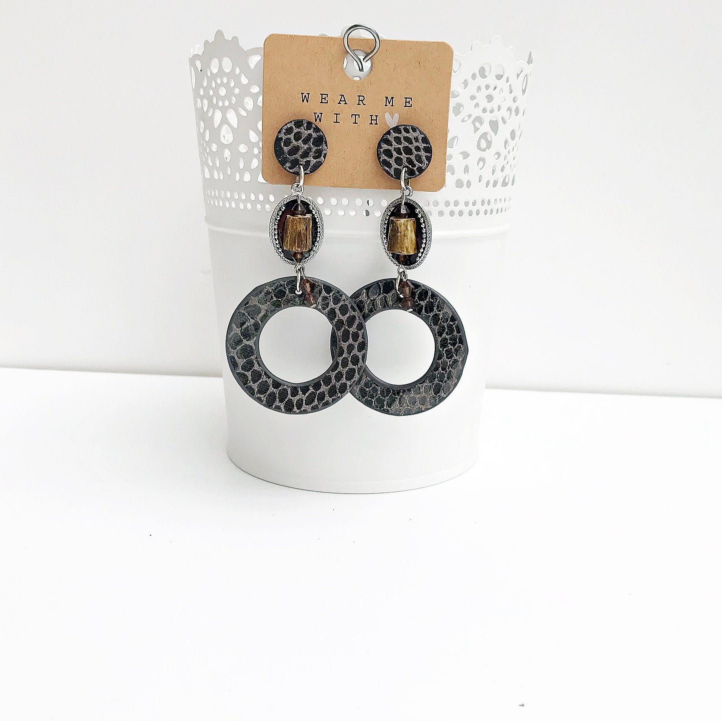 Boho Statement Earrings - Silver & Horn Dangle - Faux Leather Reptile Look - Crystal Embellished - Grey & Brown