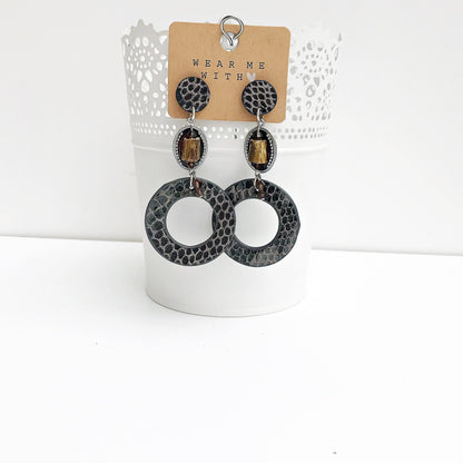 Boho Statement Earrings - Silver & Horn Dangle - Faux Leather Reptile Look - Crystal Embellished - Grey & Brown