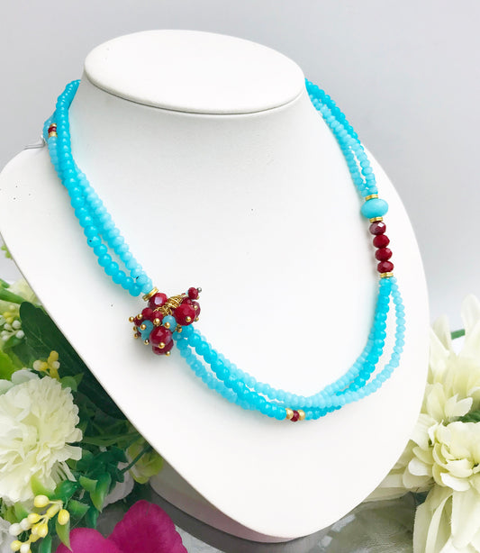 Stunning Blue & Gold Boho Multi-Strand Pearl Necklace | Ibiza Jewelry for Women