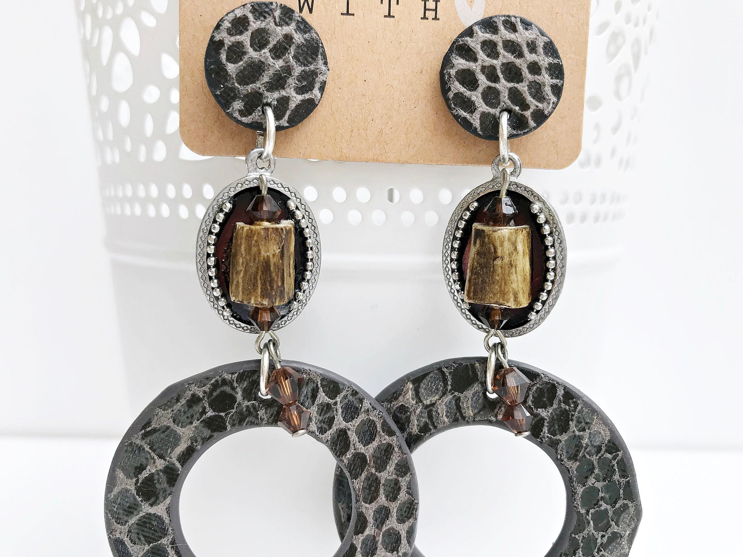 Boho Statement Earrings - Silver & Horn Dangle - Faux Leather Reptile Look - Crystal Embellished - Grey & Brown