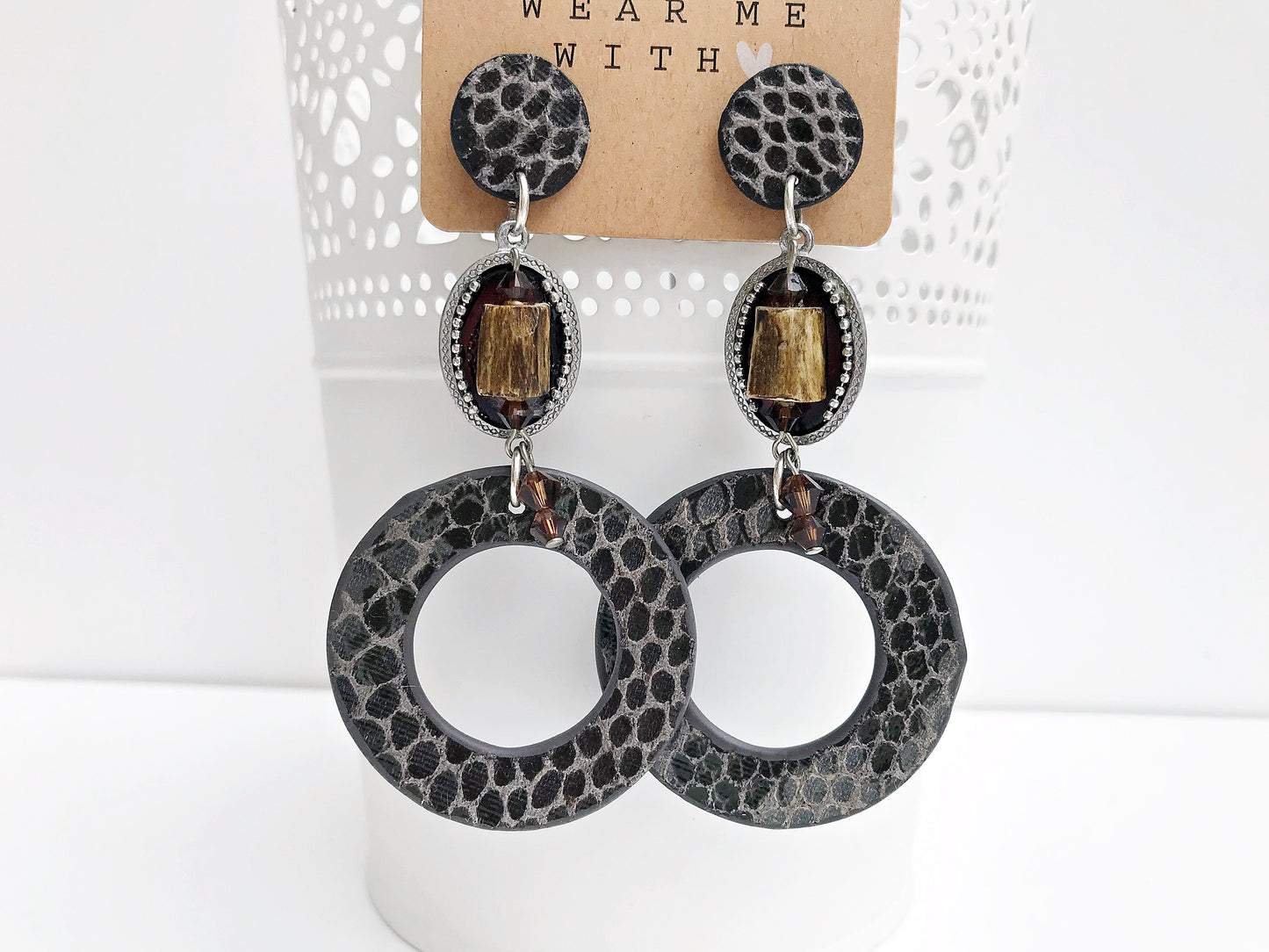 Boho Statement Earrings - Silver & Horn Dangle - Faux Leather Reptile Look - Crystal Embellished - Grey & Brown