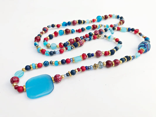 Colorful Boho Gold Necklace | Women's Long Beaded Coral, Agate & Jade Ibiza-Style Jewelry