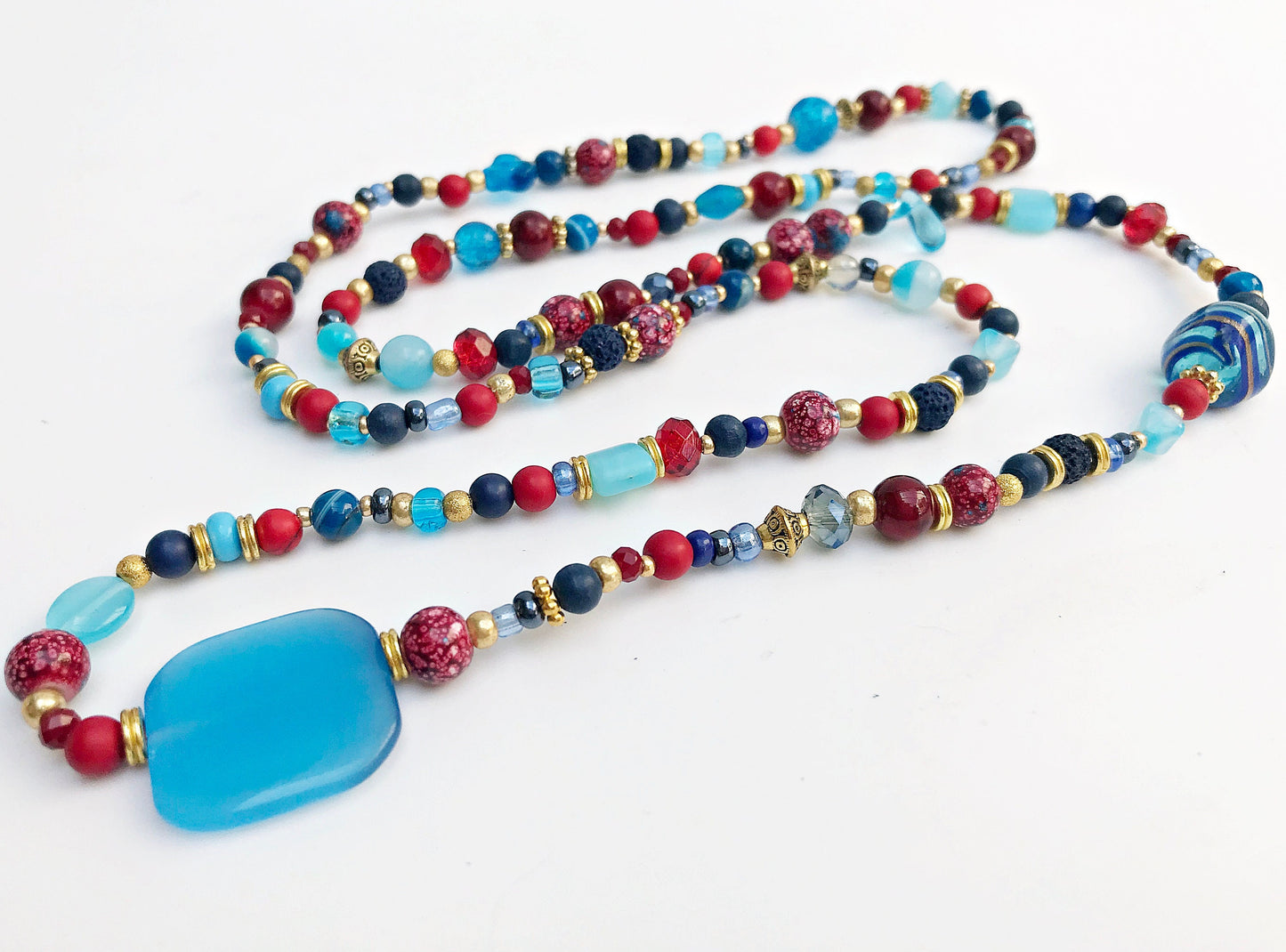 Colorful Boho Gold Necklace | Women's Long Beaded Coral, Agate & Jade Ibiza-Style Jewelry