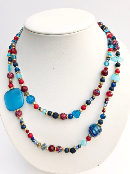 Colorful Boho Gold Necklace | Women's Long Beaded Coral, Agate & Jade Ibiza-Style Jewelry