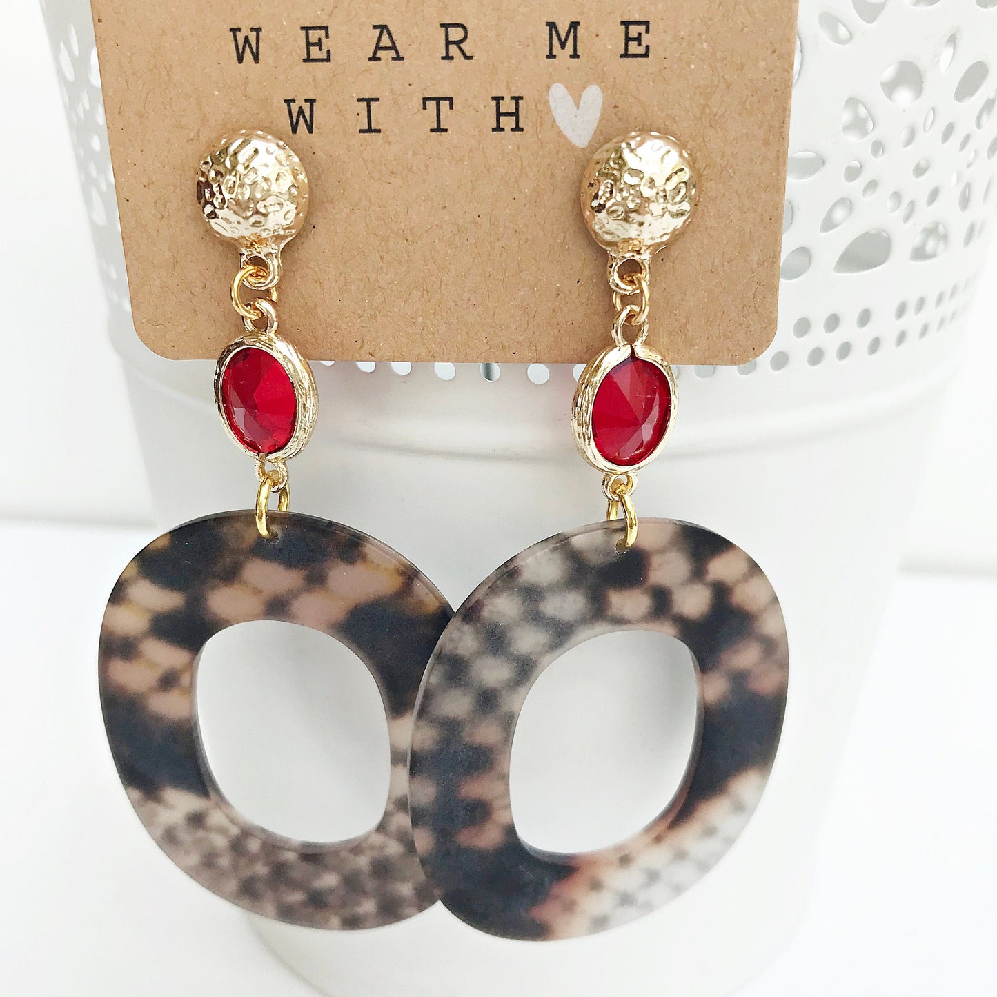 Boho Statement Earrings | Reptile-Look Horn Resin | Red Crystal Drops | Gold-Plated Bohemian Jewelry