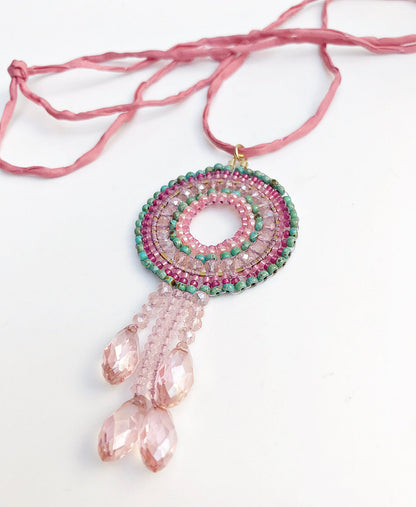 Delicate Boho Mandala Necklace | Turquoise & Pink Beaded Jewelry | Handcrafted Ibiza Style