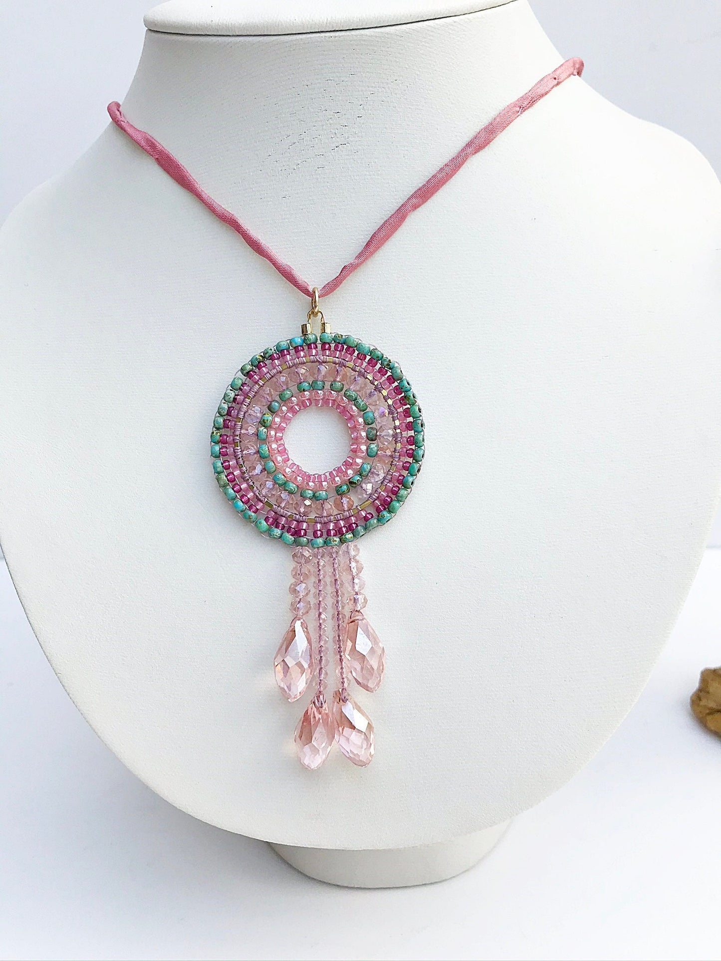 Delicate Boho Mandala Necklace | Turquoise & Pink Beaded Jewelry | Handcrafted Ibiza Style